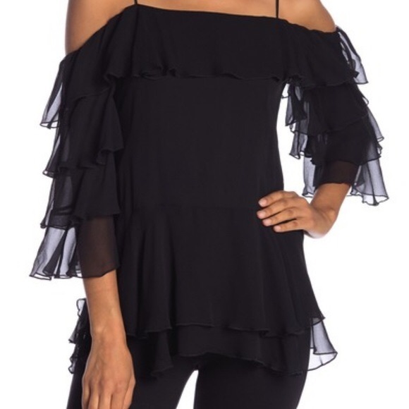 Alice + Olivia Tops - Alice + Olivia Silk Ruffled Cold Shoulder Blouse